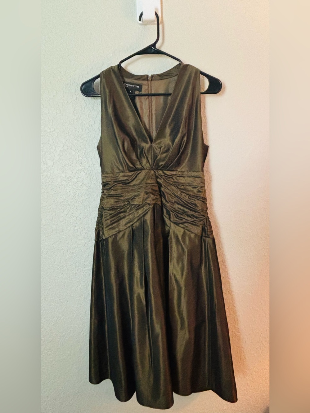 Jones New York Olive Satin V-Neck Ruched Waist Dress